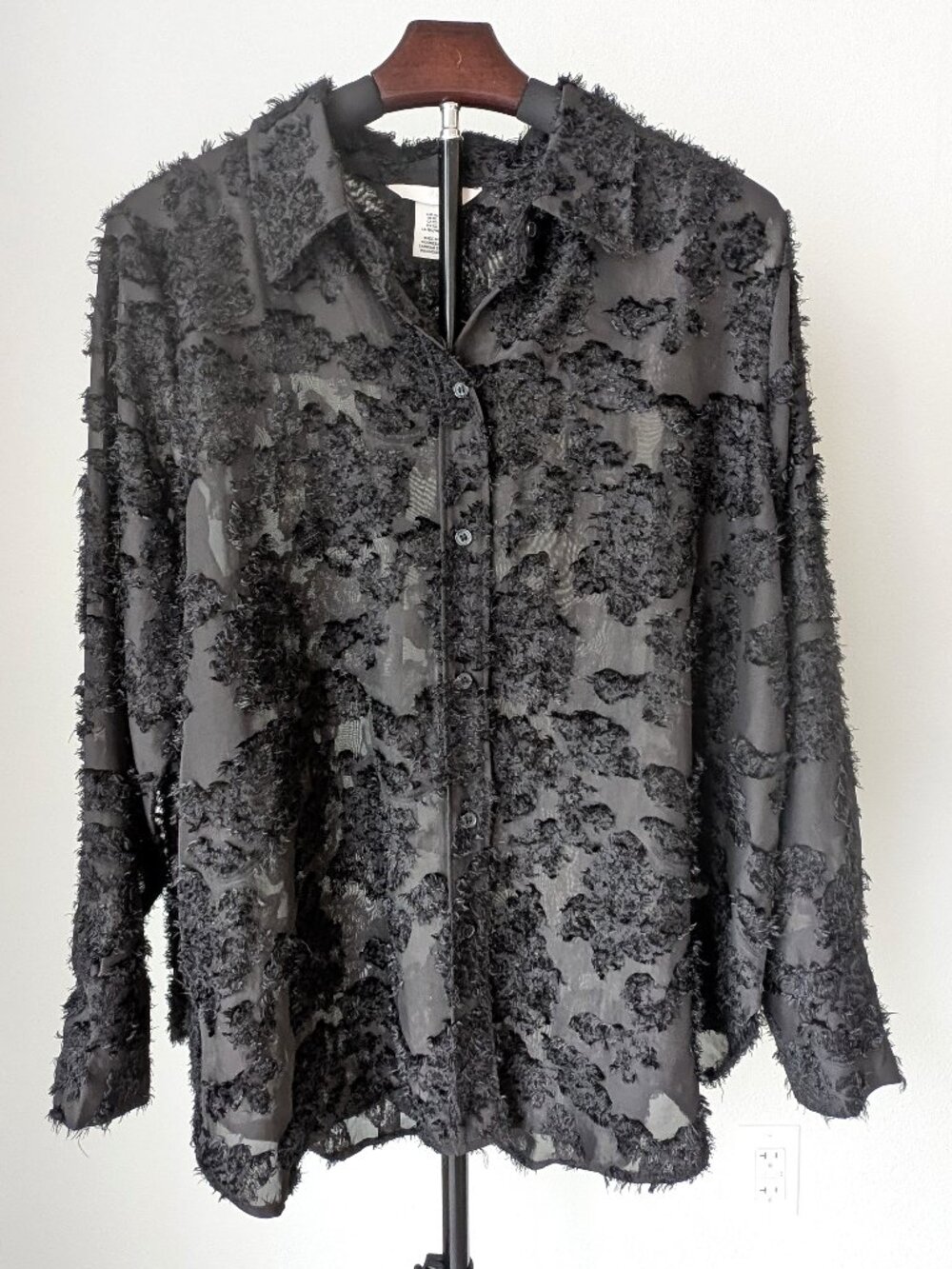 H&M Womens Sheer Frayed Textured Long Sleeve Blouse Layering Glam Goth Grunge XL